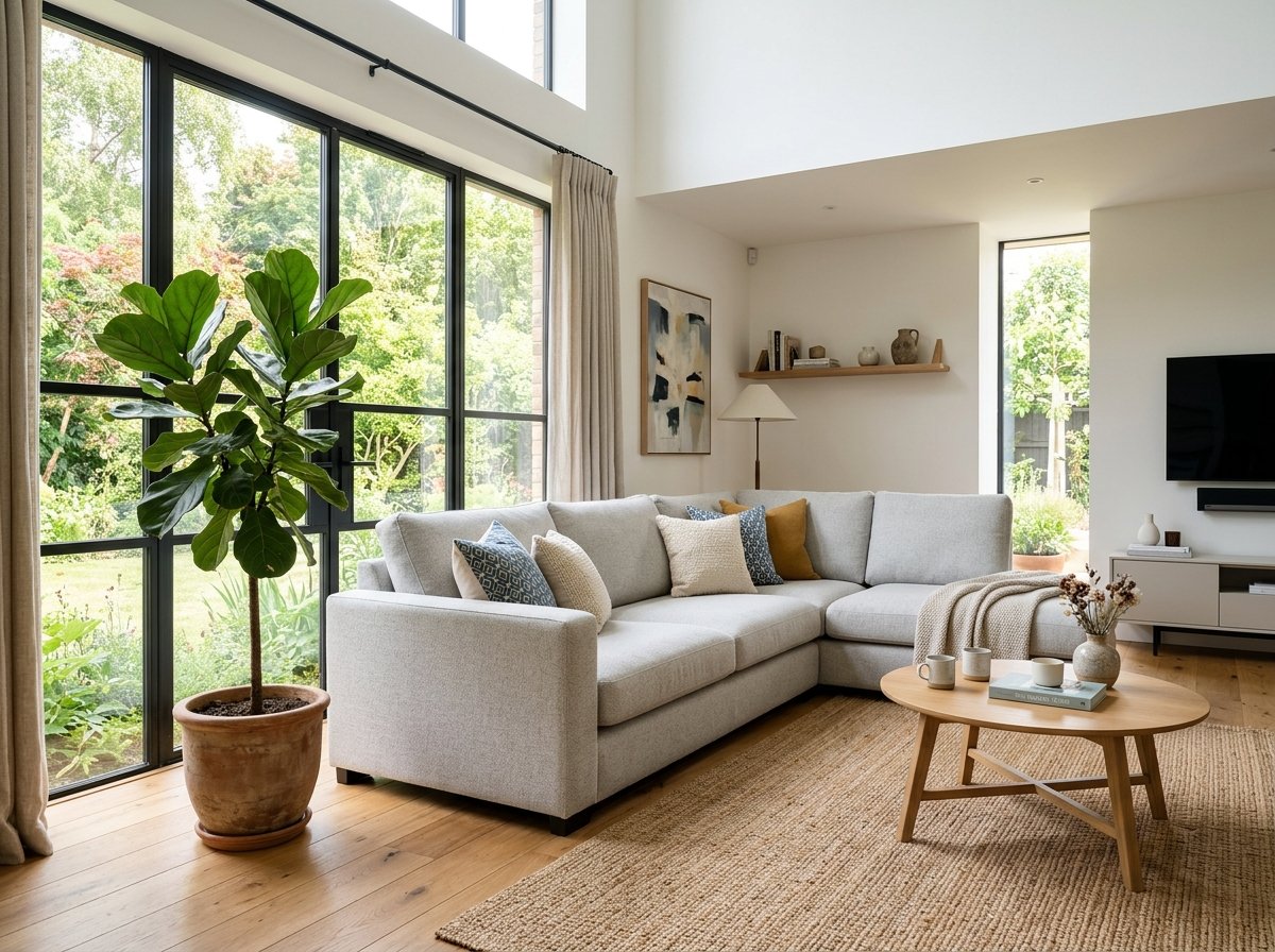Beautifully Clean Fabric Sectional Sofa in Modern Living Room